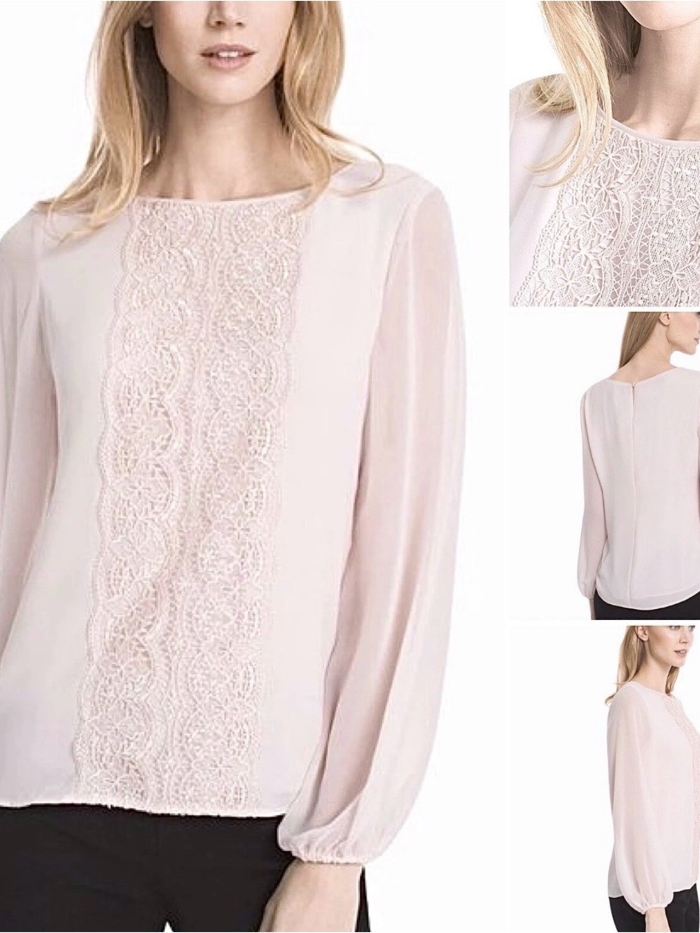 White House Black Market Blush Pink Lace-Front Long Sleeve Blouse